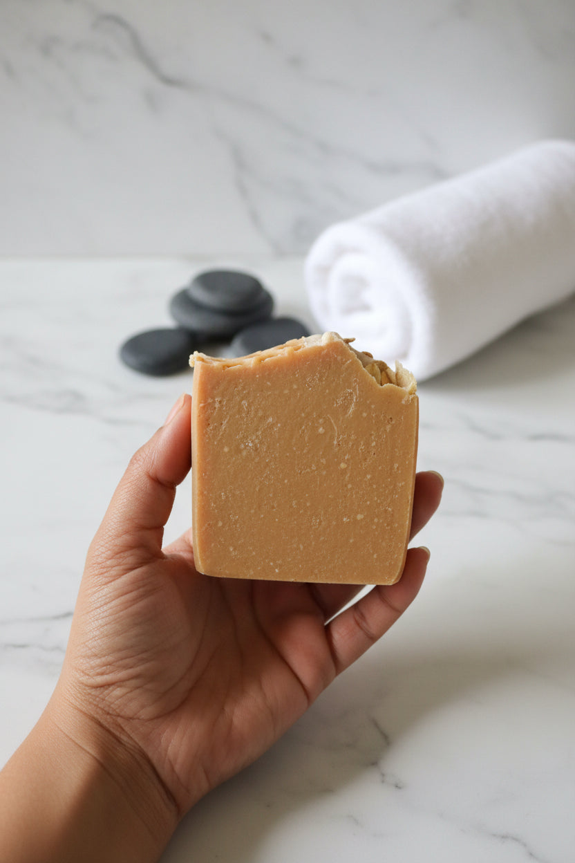 Hand holding a block of soap with a textured surface, blurred background