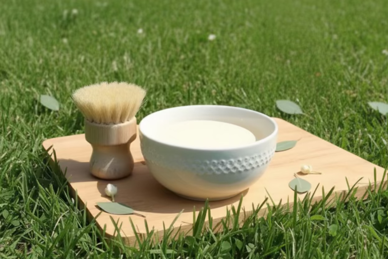 Solid dish soap bar with wooden dish brush in a bowl - Jask Beauty Essentials Kitchen collection