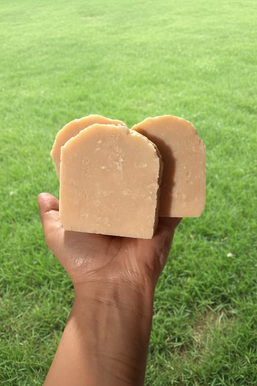Hand holding two blocks of beige soap with grass background