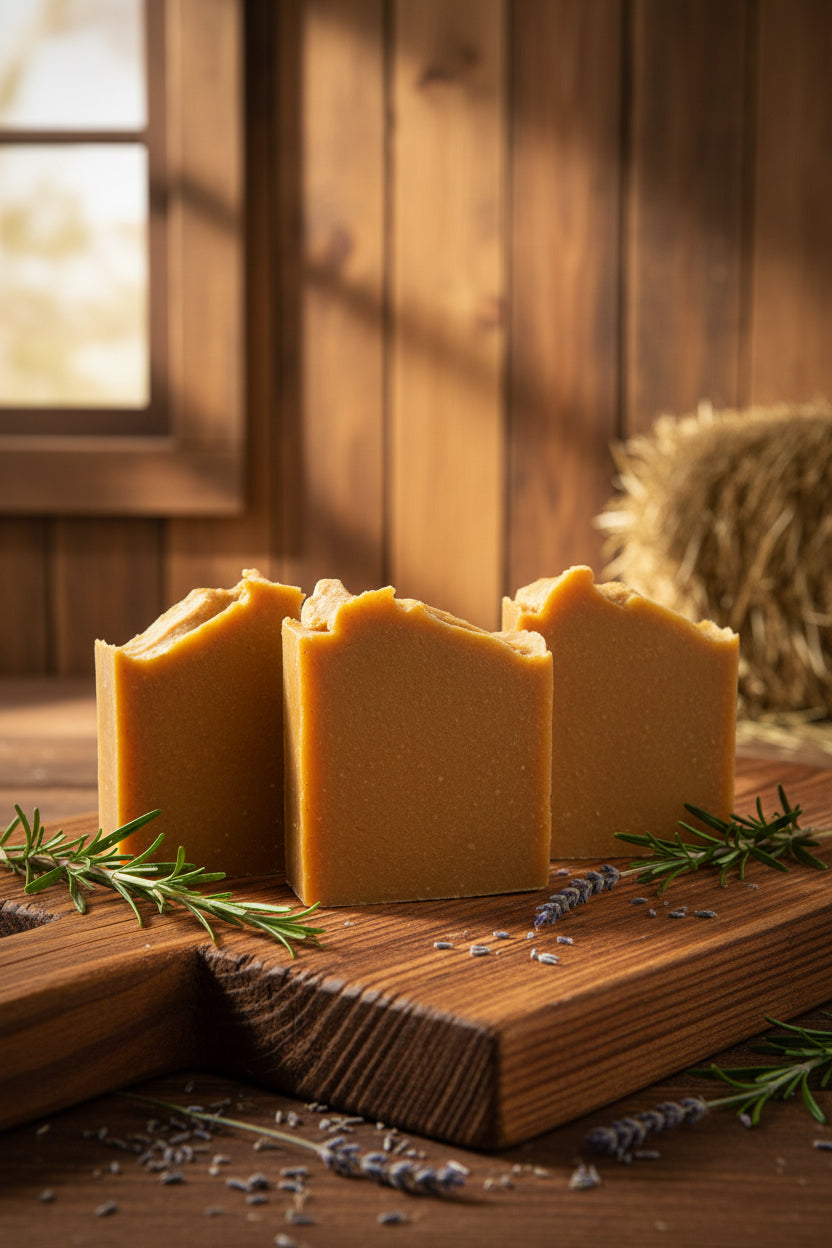 Turmeric Goat Milk Tallow Bar Soap with Colloidal Oats on soap dish