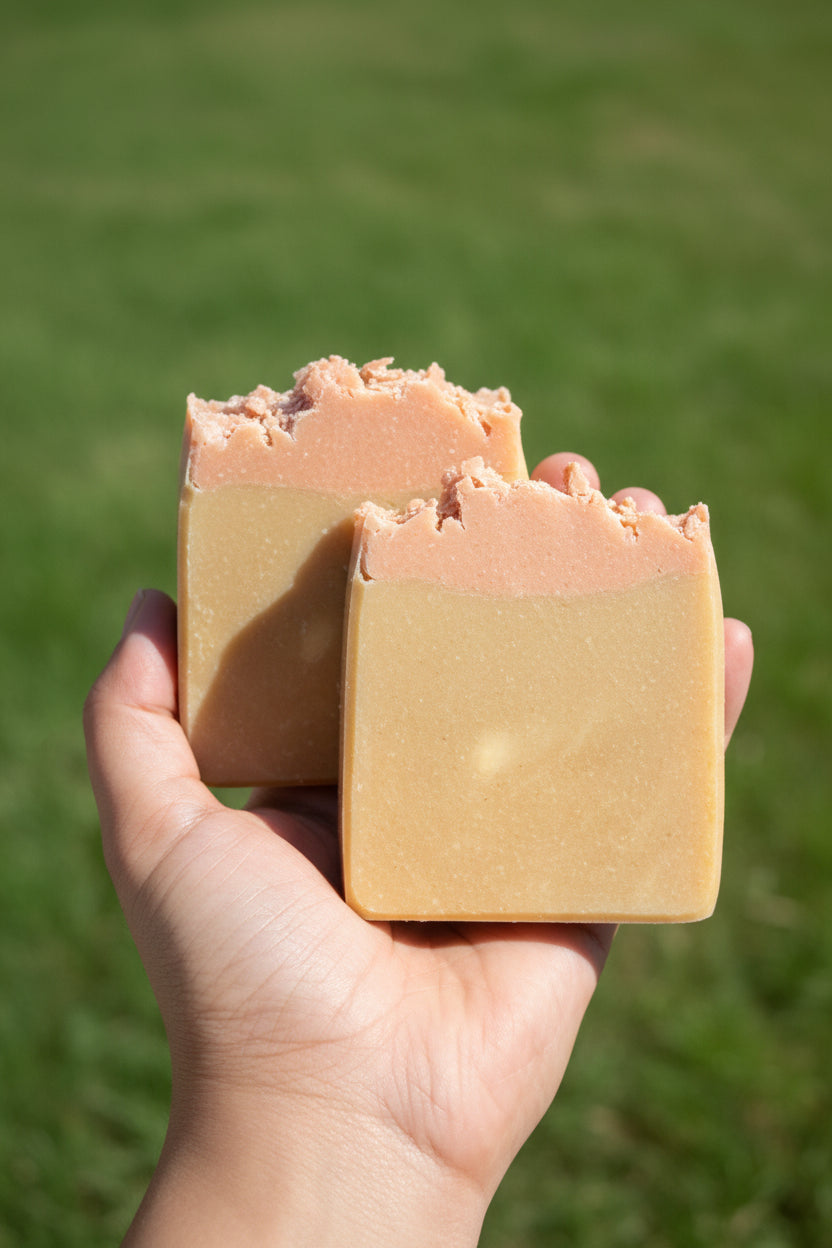 Hand holding a bar of soap with a grass background