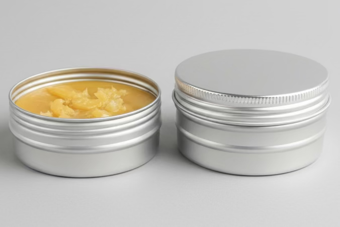 Open honey hand balm jar with botanical ingredients