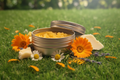 Botanical honey hand balm with chamomile and calendula flowers