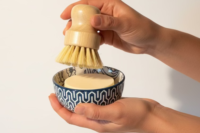 Solid Dish Soap Set beside natural scrub brush