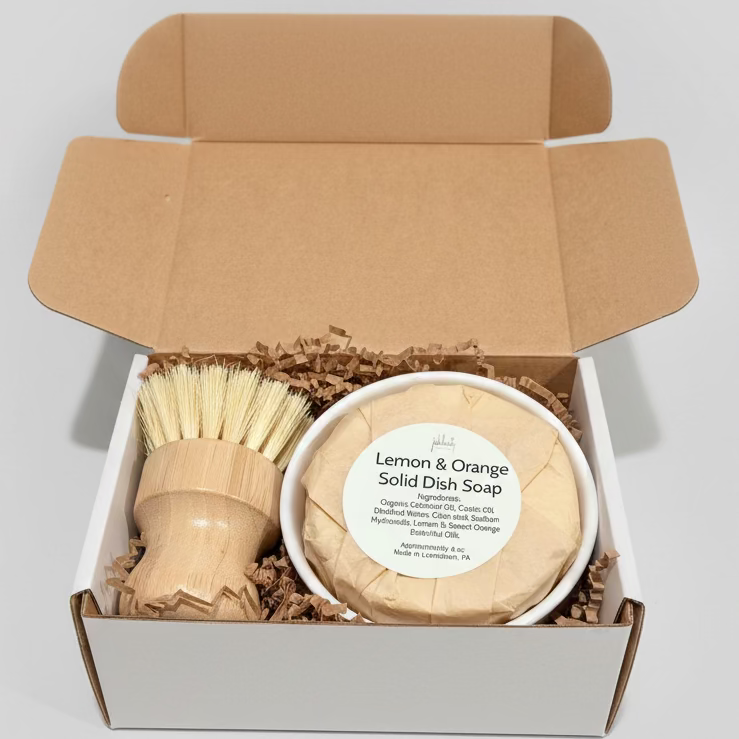 Lemon & Orange Solid Dish Soap with a brush in an open cardboard box on a textured surface.
