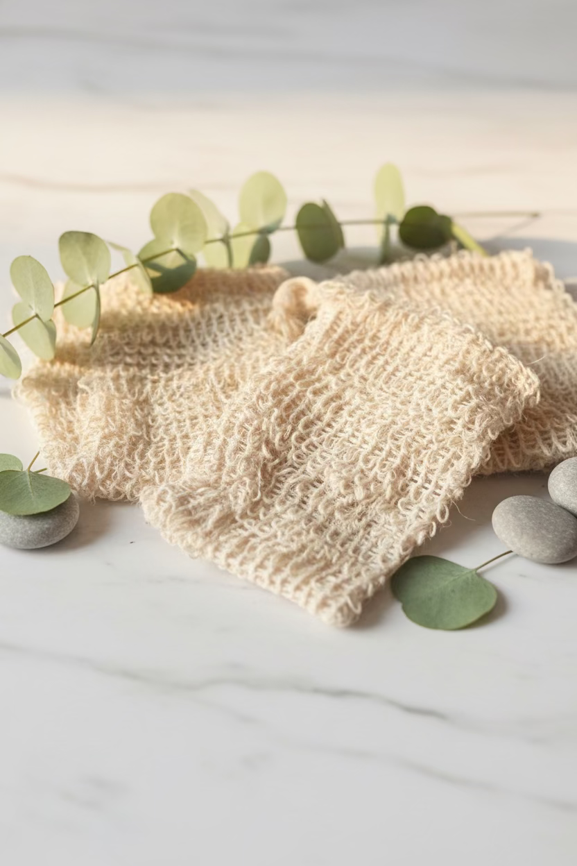 Three beige soap bag on a dark surface