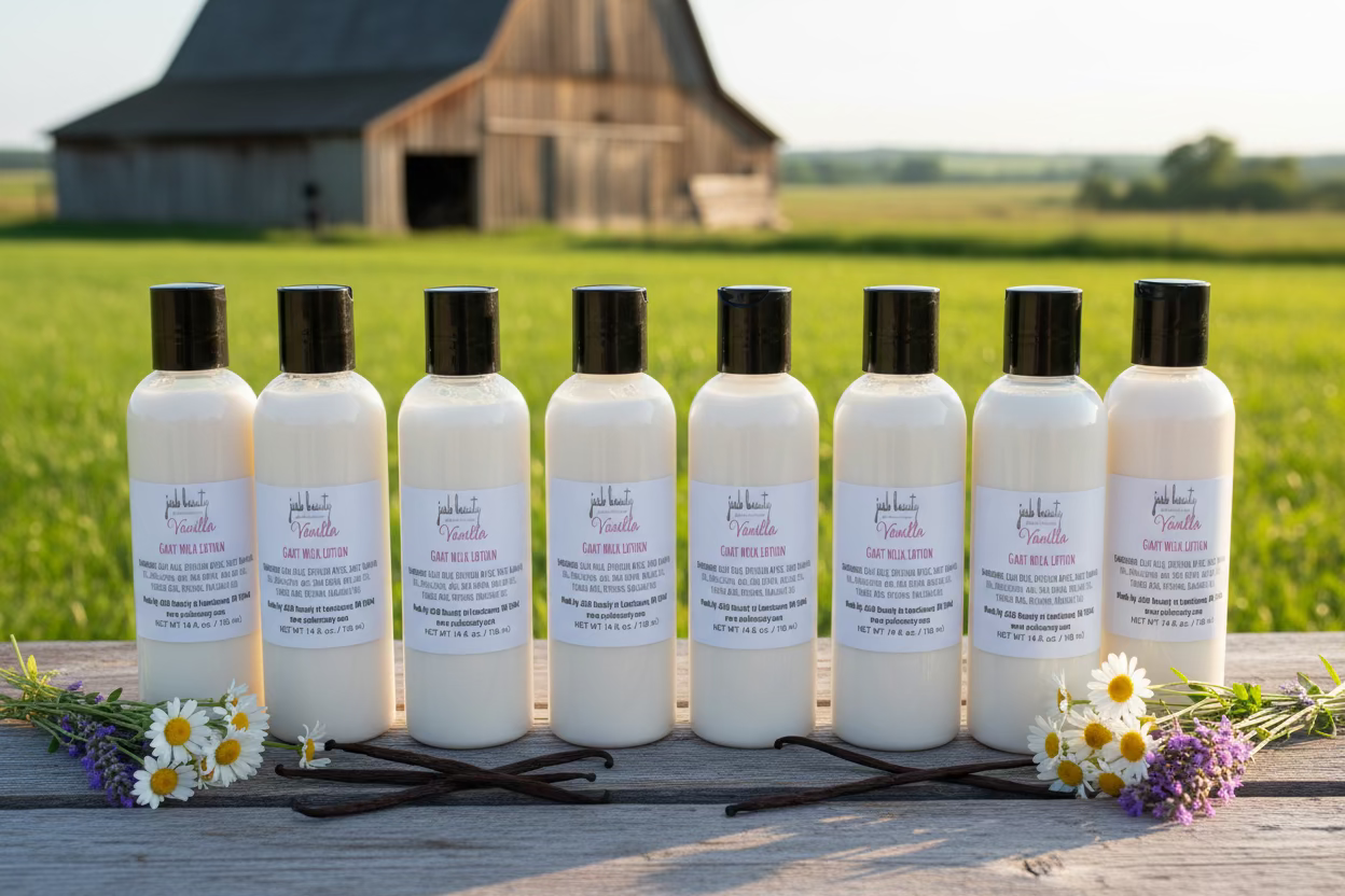Set of eight bottles of vanilla cake milk lotion with black caps on a white background