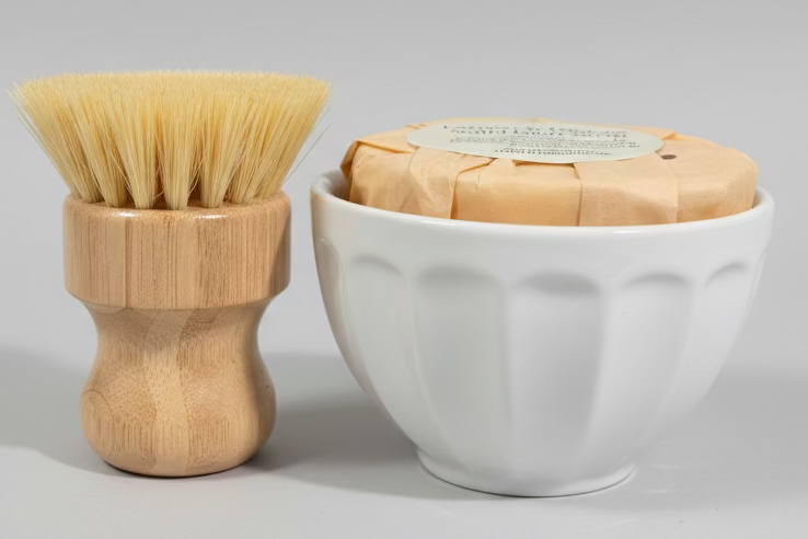 Wooden brush and white container with a product on a grid surface