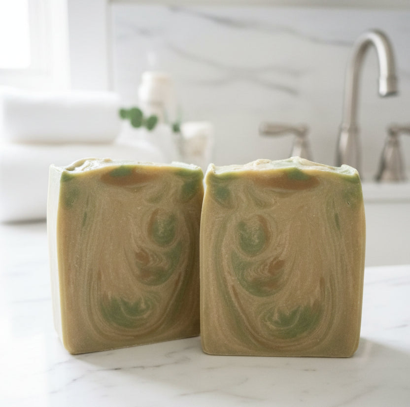 Coconut & Vanilla Goat Milk Tallow Soap Bar in the bathroom
