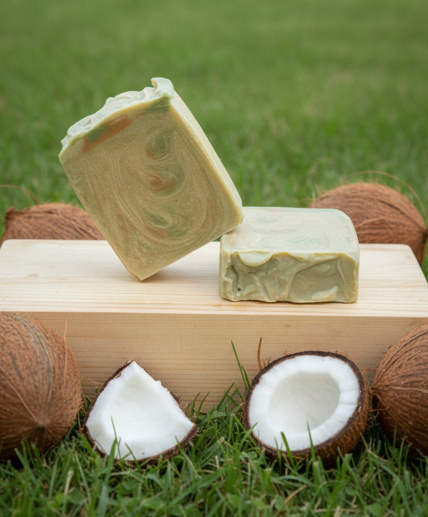 Coconut & Vanilla Goat Milk Tallow Soap Bar with fresh coconut