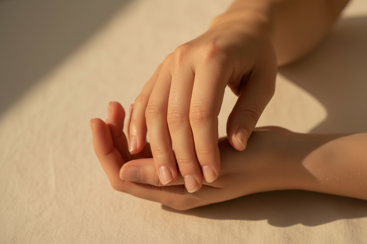 Close-up of a person's hands with neatly manicured, light pink nails resting on a soft beige fabric under warm sunlight.
