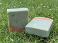 Watermelon Goat Milk Tallow Soap Bar on a grass background