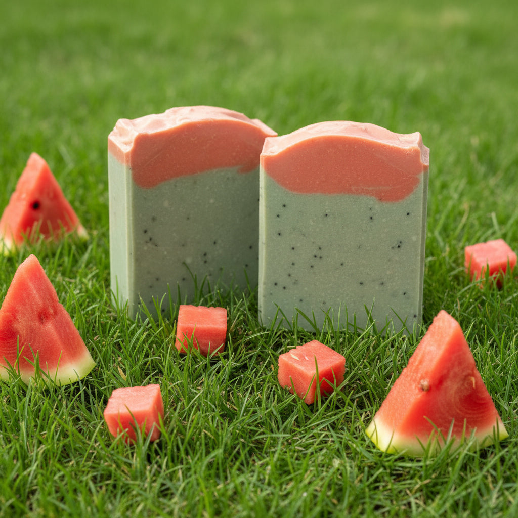 Watermelon Goat Milk Tallow Soap Bar with fresh watermelon